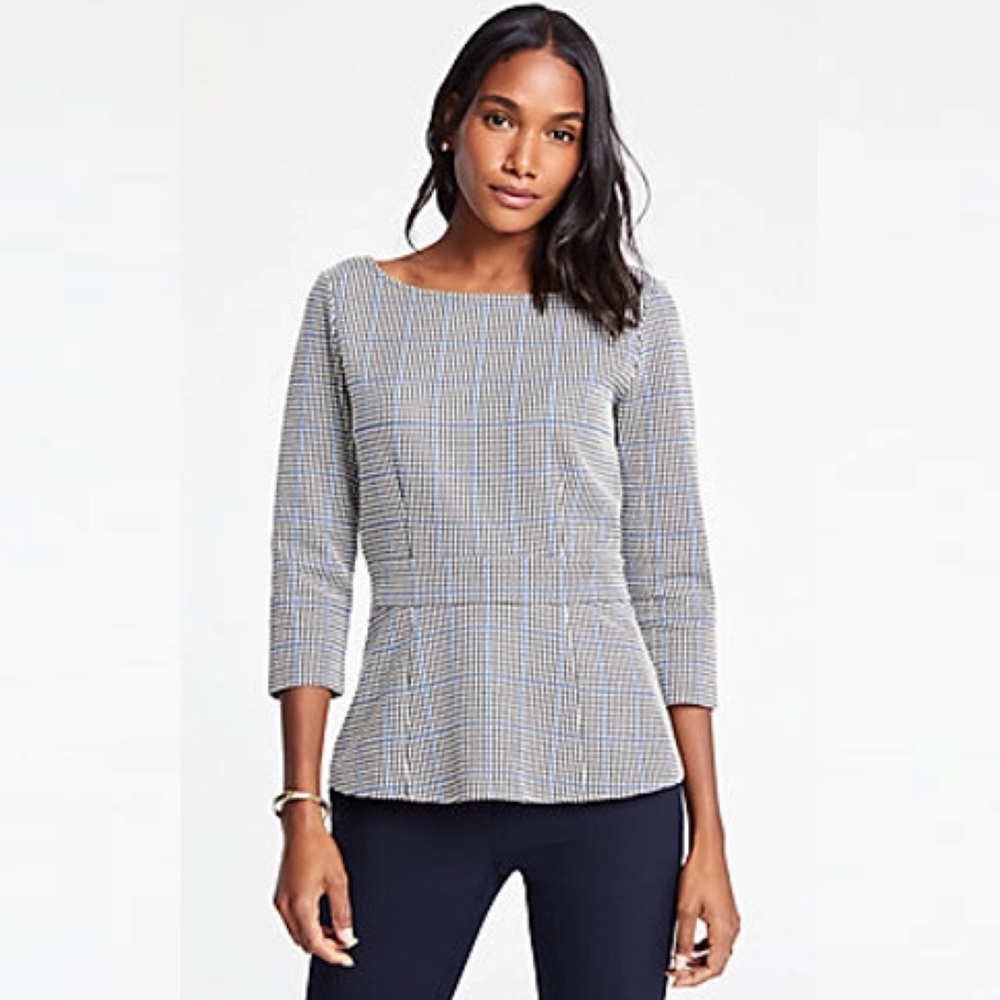 Ann‎ Taylor Plaid Peplum Career Check Knit Top Black Multi Petite XXSP
